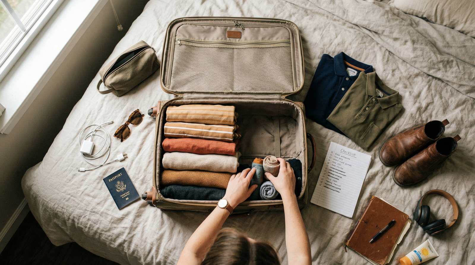 Junger Reisender packt Koffer mit Checkliste und wichtigen Dingen für Saisonarbeit im Ausland