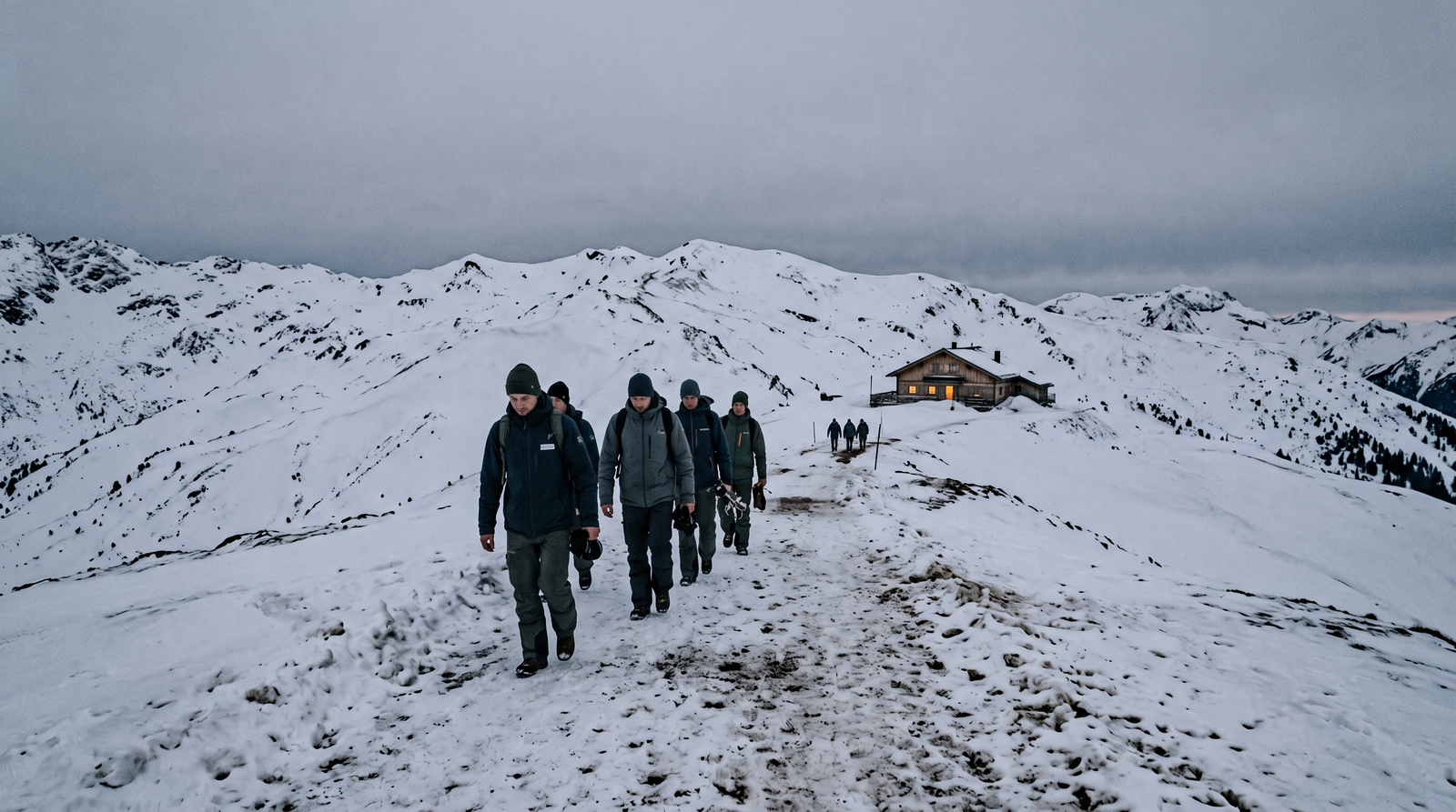 Saisonkräfte gehen nach einer Winterschicht über einen Bergpfad zurück zur Hütte.