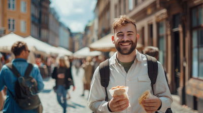 Ein Mann in einer fremden Stadt mit einer lokalen Delikatesse