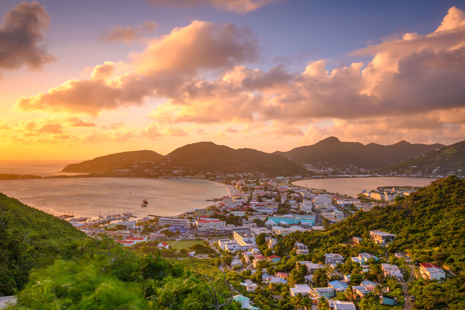 Panoramic view of philipsburg saint martin with sunset
