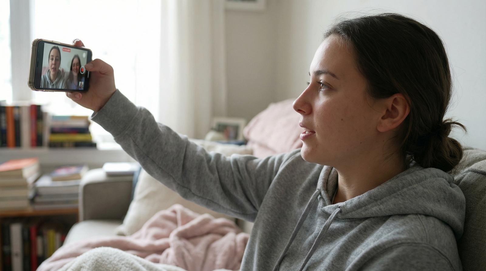 Jongere oefent video sollicitatie op smartphone thuis