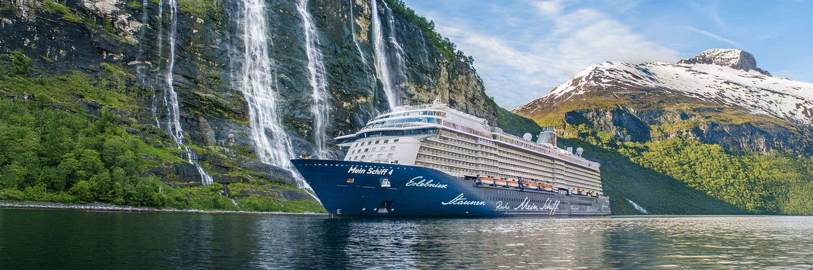 Kreuzfahrtschiff mit Grün im Hintergrund