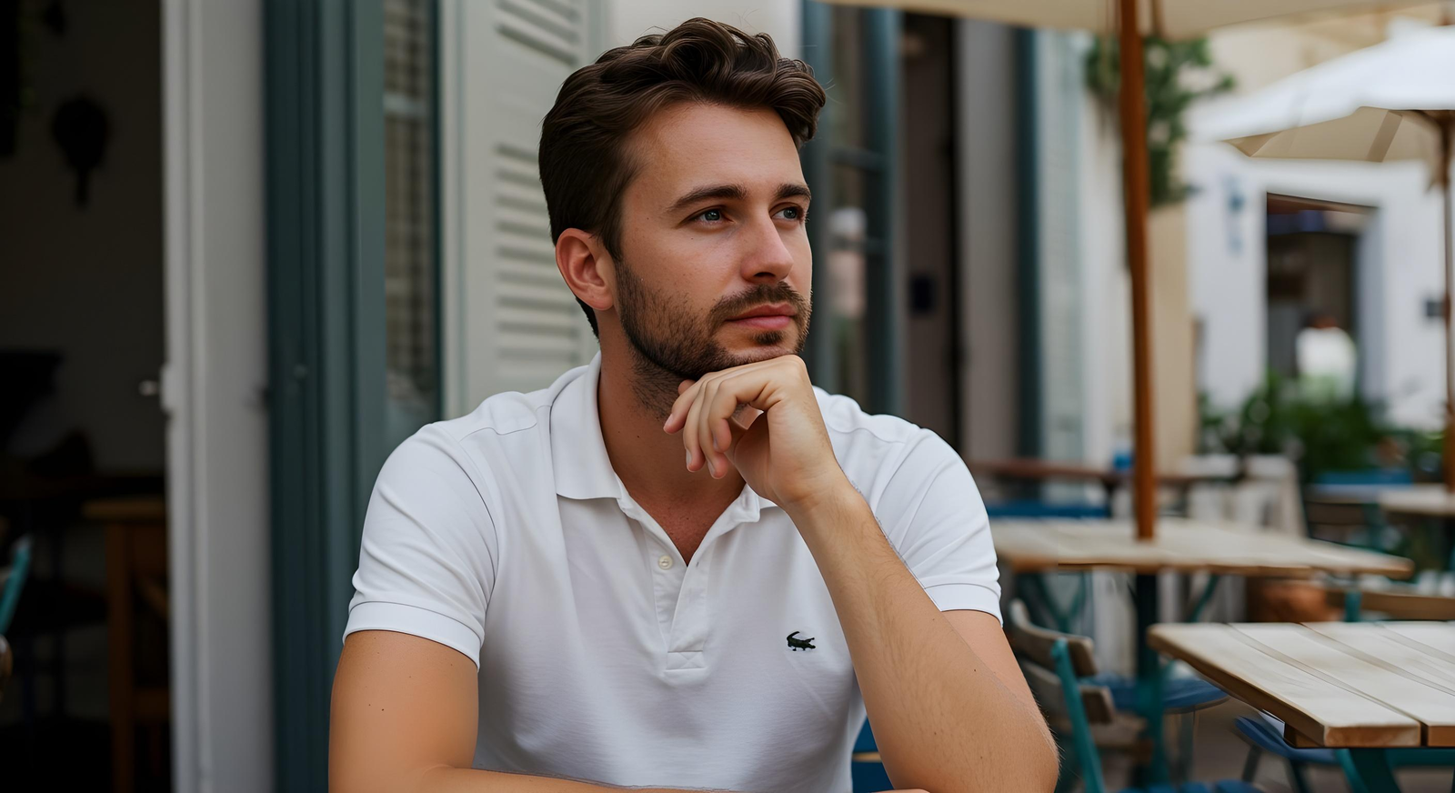 oung professional taking a break during seasonal work, sitting outside Mediterranean restaurant, looking thoughtful and content