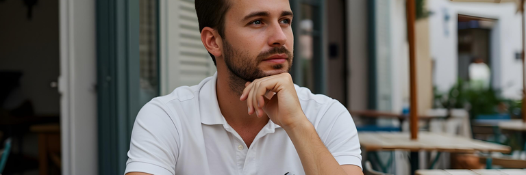 Junger Berufstätiger macht Pause während der Saisonarbeit, sitzt draußen bei mediterranem Restaurant, nachdenklich und zufrieden