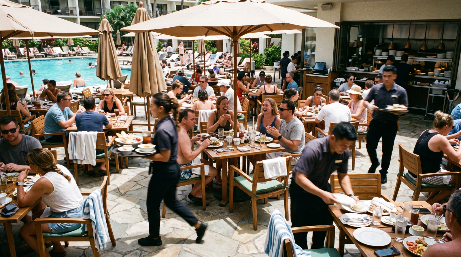 Servers moving through a busy poolside lunch service at a resort hotel.