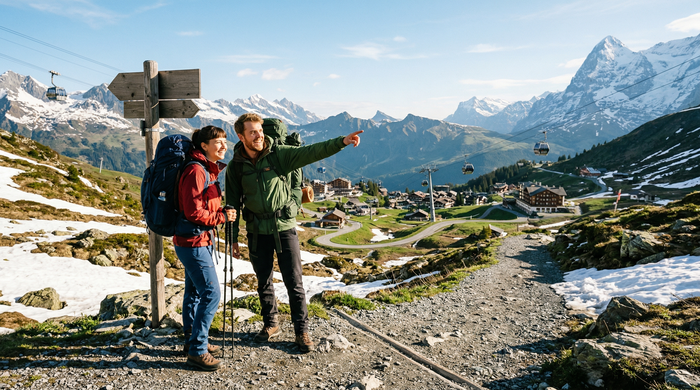 Two friends with backpacks look out over an alpine valley at the start of a working season abroad.