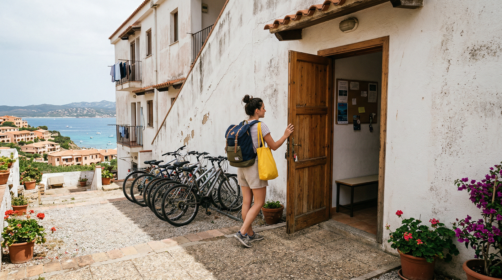 Young woman with backpack pausing at the entrance of staff accommodation abroad, sea glimpsed in the distance.