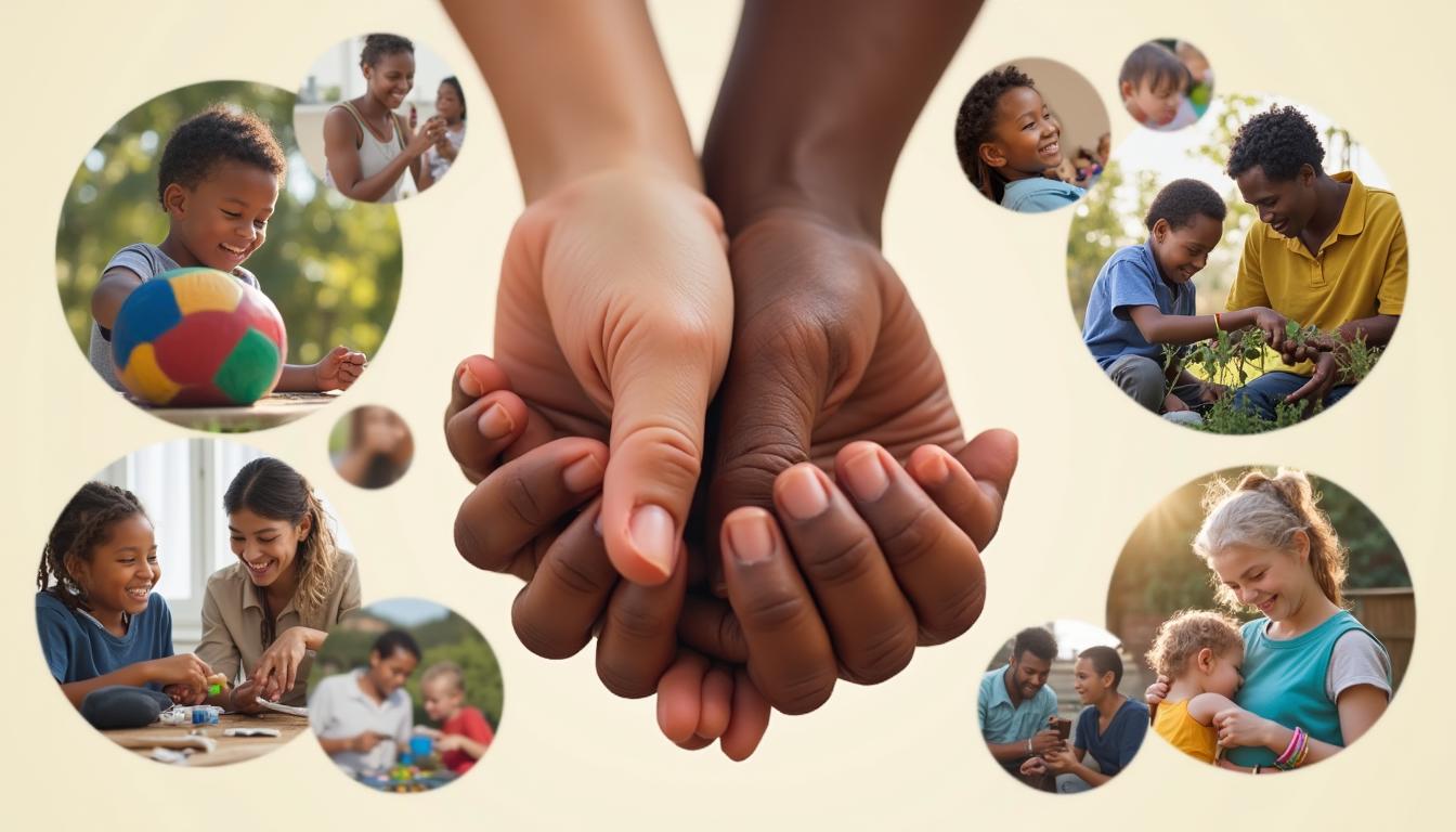 collage of images showing two hands clasped