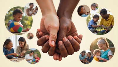 collage of images showing two hands clasped