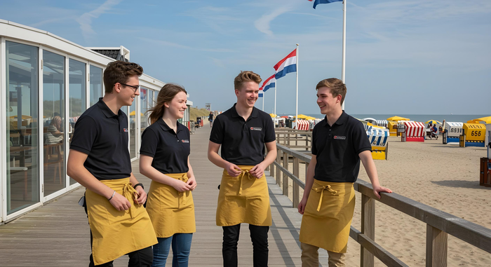 German seasonal workers on a Dutch beach club taking a break