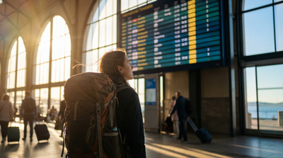 Young traveler at train station departure board ready to start working abroad