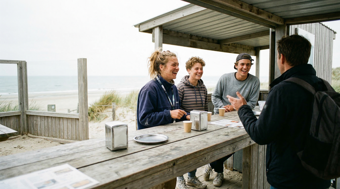 Three seasonal workers laughing behind a beach kiosk counter on a Dutch North Sea island coast.
