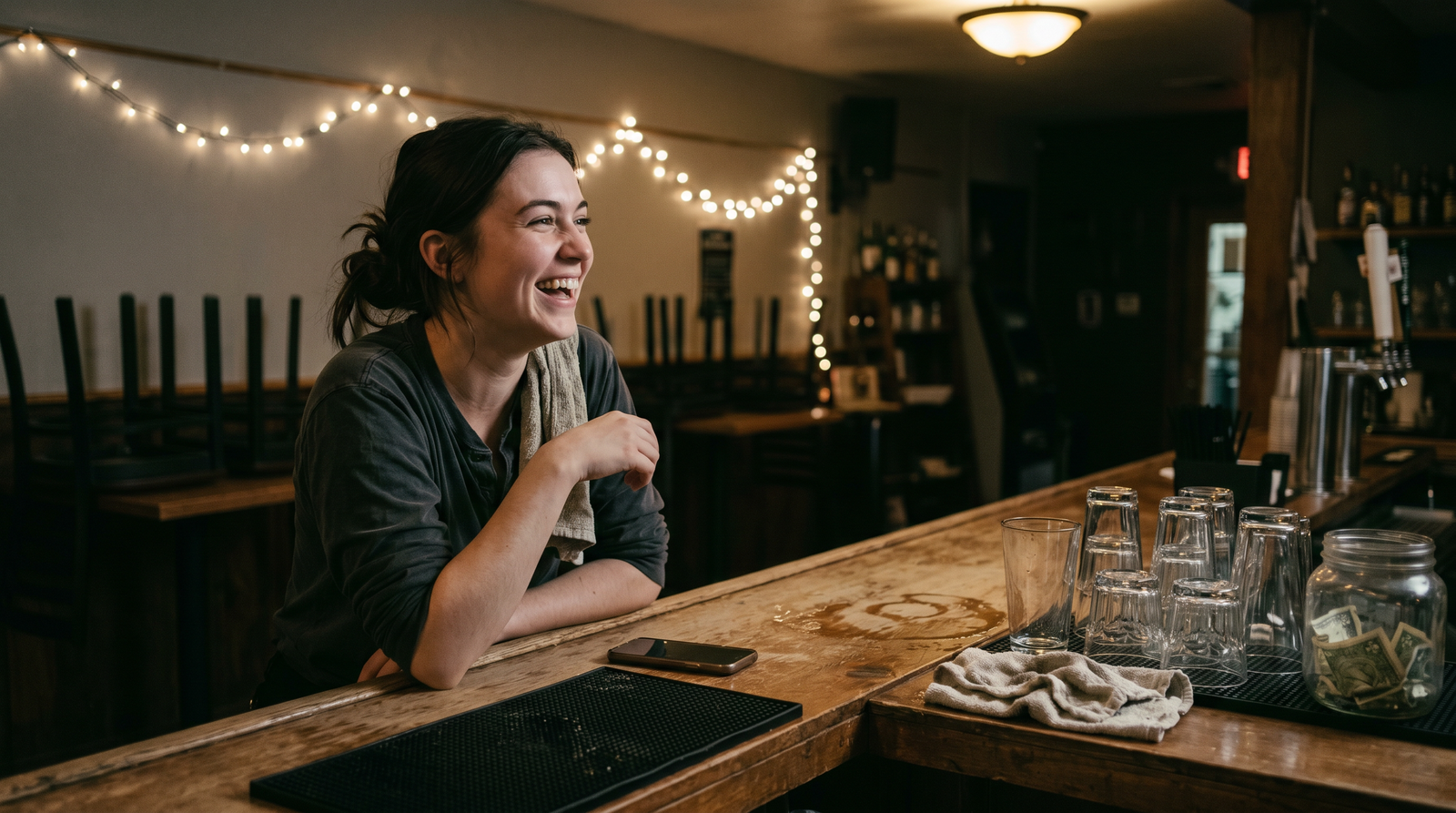 Een seizoensmedewerker lacht na een late dienst, omgeven door prikkellichten en een warm amberkleurig sfeer.