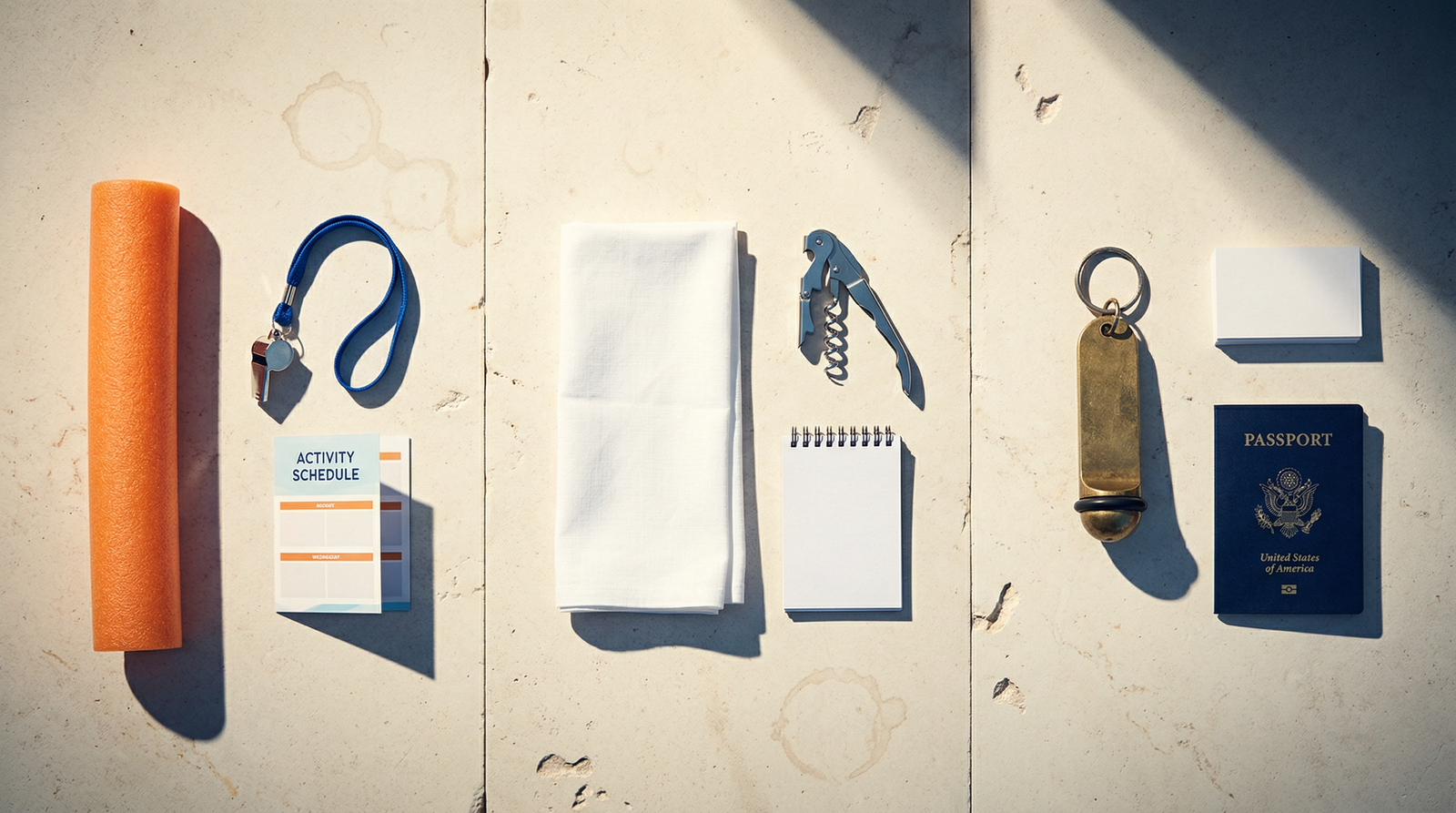  Overhead flat lay of animateur, waiter and receptionist tools arranged in three groups on a sun-bleached terrace surface.