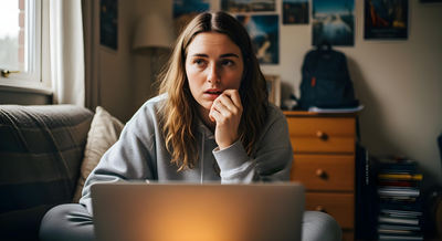 Junger Mensch erwägt Ferienjob-Möglichkeiten im Ausland am Laptop zu Hause