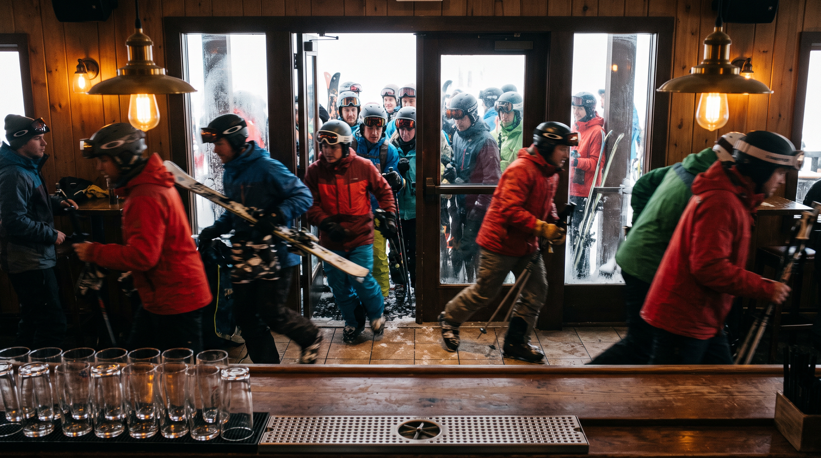 The exact moment the 3pm après-ski rush pushes through the doors, still in full ski gear.