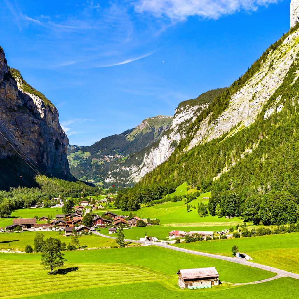 Aerial view valley famous travel destination switzerland