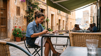 Een seizoenswerker die alleen pauze houdt bij een terras in een mediterraan stadje