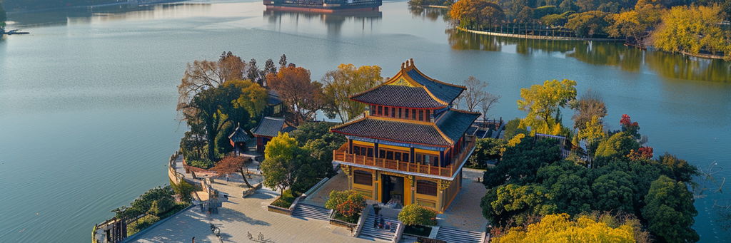 Schitterend uitzicht op Hanting Lake in Shanghai bij zonsondergang, met reflecties van de skyline in het kalme water
