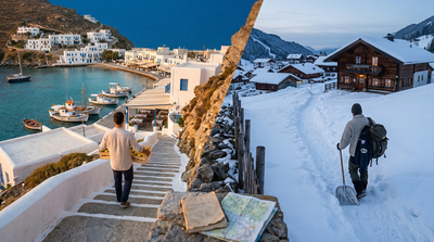 Split scene contrasting a sunny Greek harbour with a snowy Austrian alpine village, two seasonal workers in different worlds.