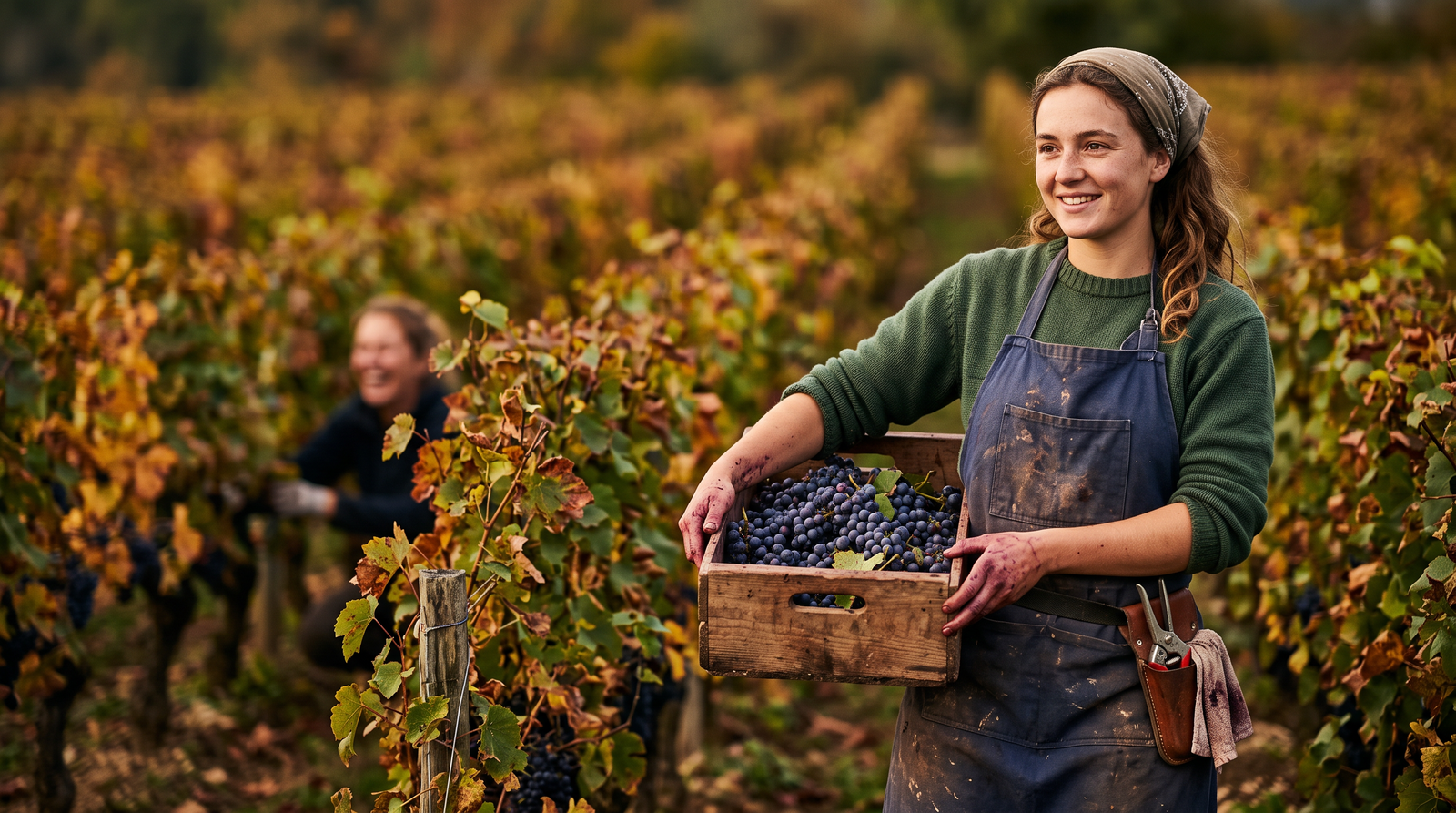 Grape picker holding a crate of dark grapes in an autumn vineyard, dramatic light