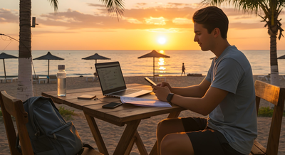 Een jonge vakantiewerker die zijn administratie aan het doen is op het strand