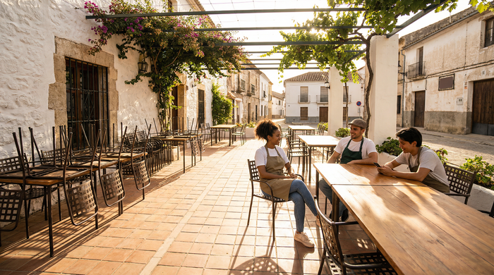 Seasonal workers relaxing during Spanish siesta time at empty restaurant terrace