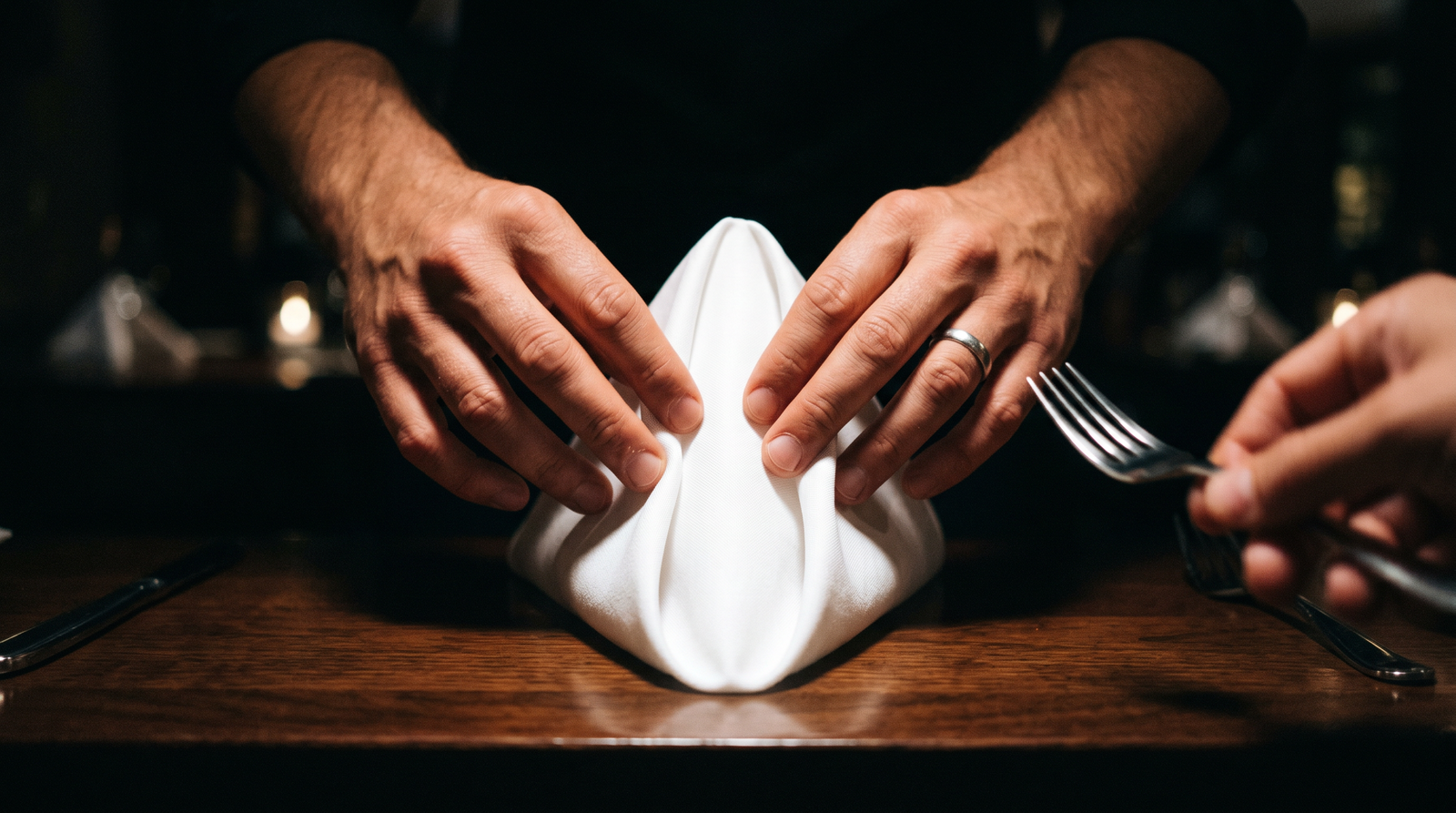 Nahaufnahme von Händen, die eine weiße Leinenserviette auf einem dunklen Restauranttisch falten, dramatisch beleuchtet.