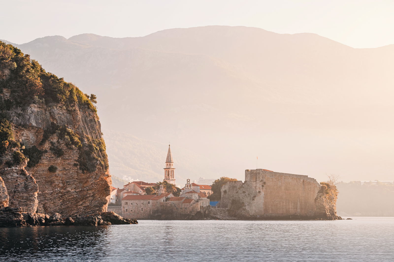 Scenic view budva old town sunrise 