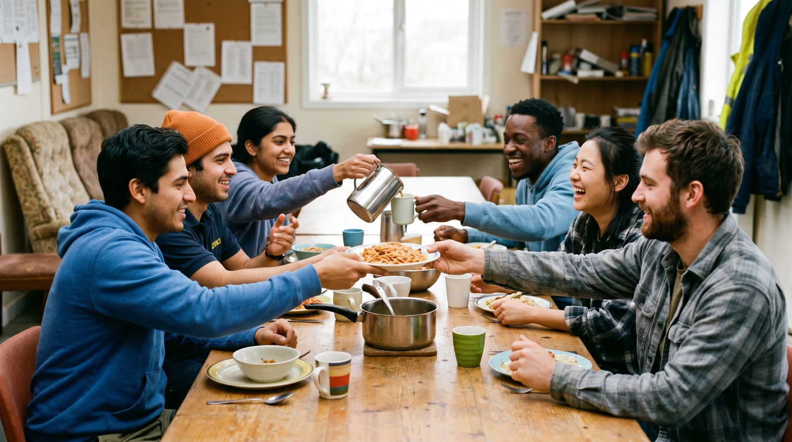 Six seasonal workers sharing food and drinks around a table, laughing and reaching toward each other.